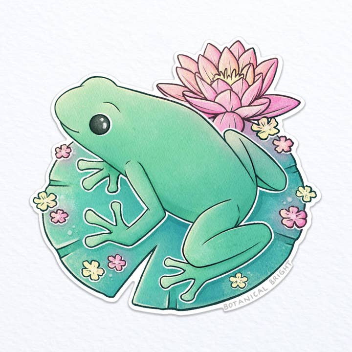 Frog and Waterlily Waterproof Vinyl Sticker for wholesale by Botanical Bright