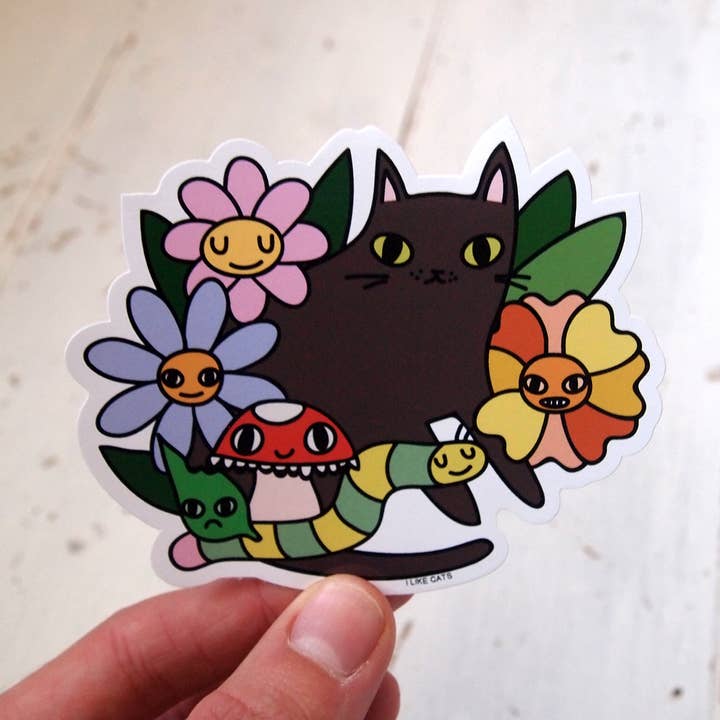 Black cat with flowers, bugs and mushroom vinyl sticker for wholesale by I LIKE CATS