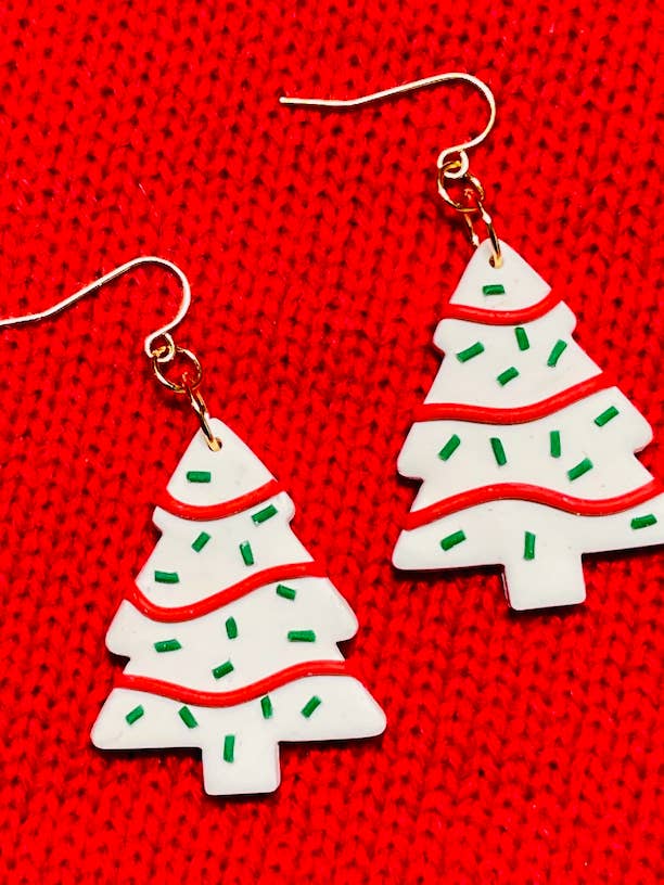 lil' debbie christmas tree cake polymer clay statement earrings for wholesale by Sunblind Fine Art + Wearables