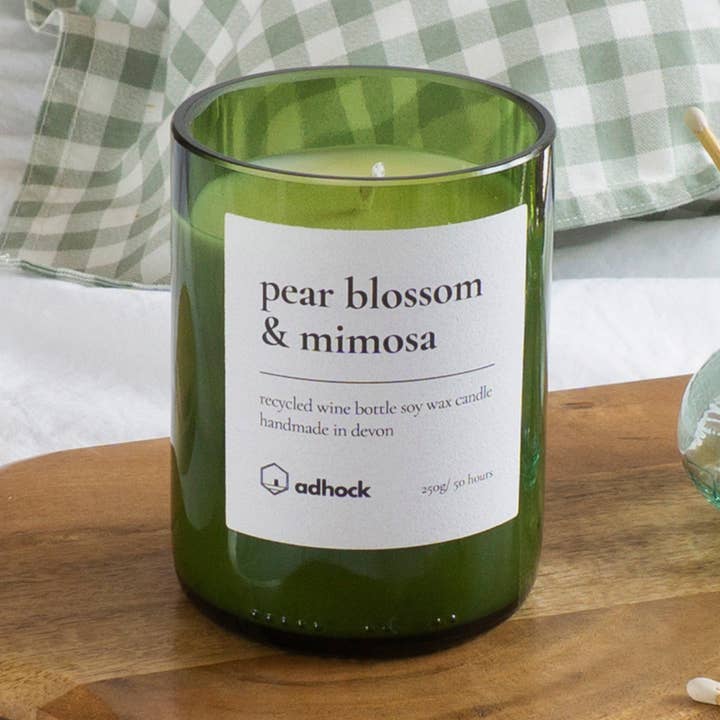 Pear Blossom & Mimosa Wine Bottle Candle for wholesale by Adhock Homeware