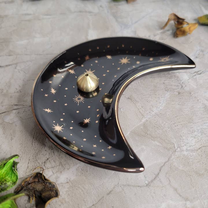 My Magic Place Shop - Wholesale Incense Holder - Ceramic Moon Plate Incense Burner Moon and Stars Plate Altar2