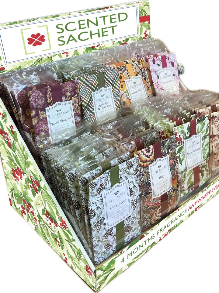 Cardboard Display with 8 top Festive Greenleaf fragrances for wholesale by Heart Of The Country Ltd