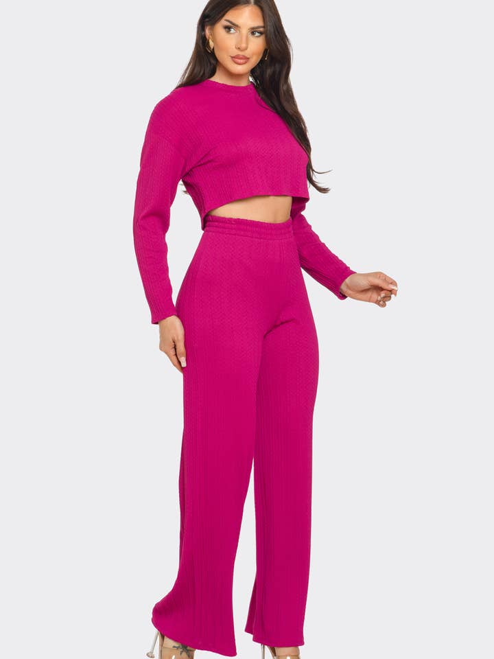 Julia by LoveJ - Wholesale Top & Pant Set (NOT Loungewear) - Women's - Braid Jacquard Round Neck Solid Top And Pants Set