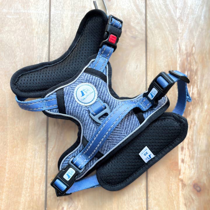 Signature Blue Tweed Padded Dog Harness for wholesale by Digby and Champ