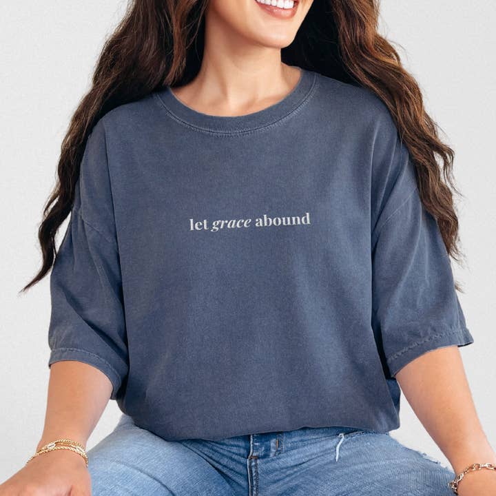 Let Grace Abound Embroidered Comfort Colors Christian Tshirt for wholesale by Scripted Pearl