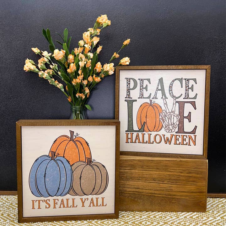Driftless Studios - Wholesale Sign - Peace Love Halloween Pumpkin graphic - Halloween Decor