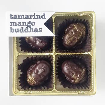 An award-winning flavor that happens to be vegan. Tangy, fruity tamarind mango ganache with organic, fair-trade dark chocolate.

All-natural, fair trade cocoa, non-GMO, soy-free.
4pc box.
3.5” x 3.5” x 7/8”
Shelf life: 6 months with proper storage (in an air-conditioned environment away from light & heat).