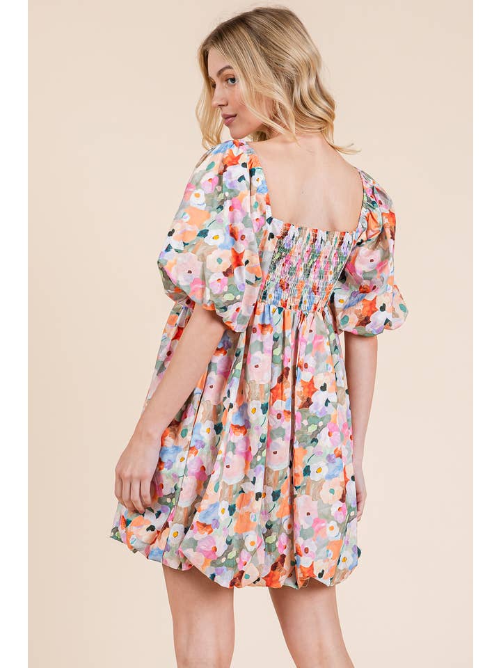 Pink Multi Floral Bubble Skirt Babydoll Mini Dress, MD51415 for wholesale on Faire