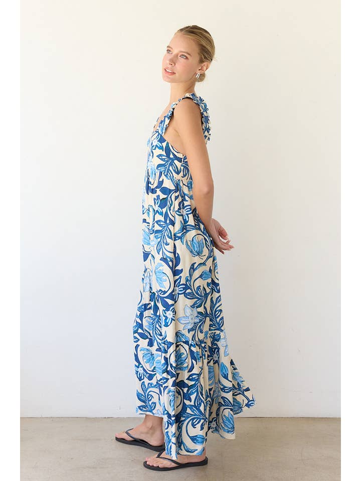 BLUE FLOWER PRINTED MAXI DRESS WITH BACK SMOCKING - RD1154 for wholesale on Faire