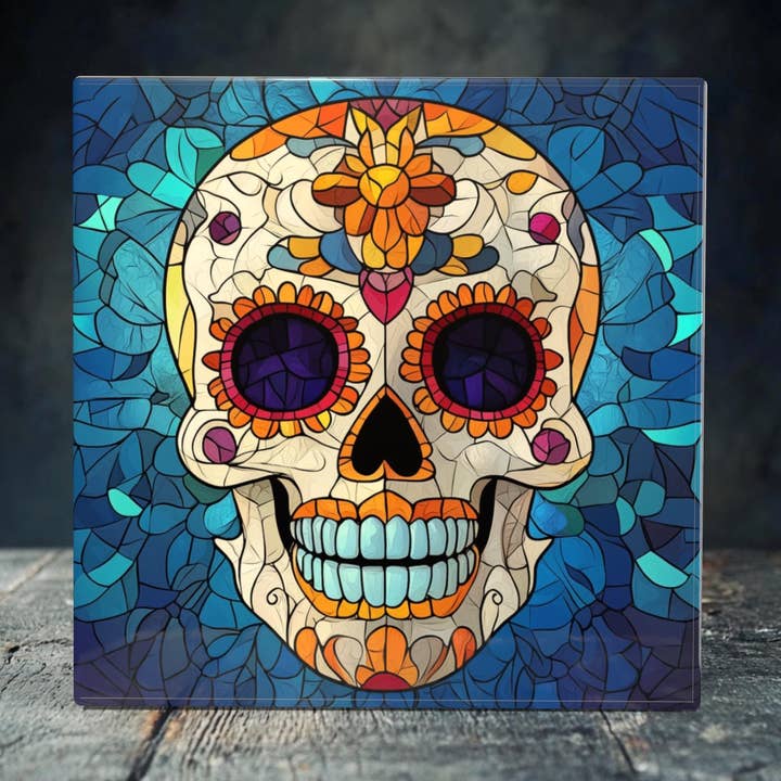 Colorful Sugar Skull Porcelain Tile Art - Day of the Dead Mosaic Inspired Decor for wholesale by Peeping Tom's Cottage