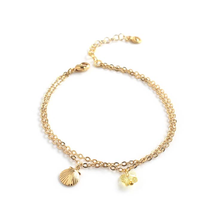 DIGE DESIGNS - Venta al por mayor Pulseras de abalorios/colgantes - Pulsera de conchas marinas de doble cadena con mariposa de cristal amarillo