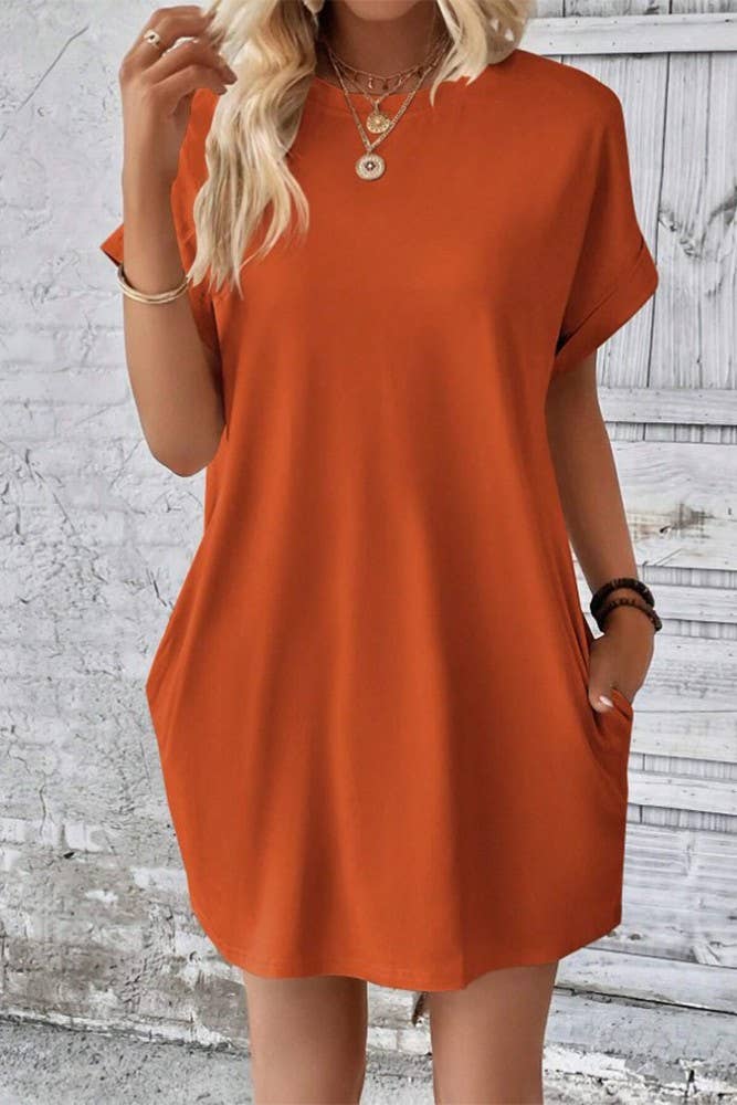 UNISHE - Wholesale Dress - Women's - Plain Fold Cuff Pockets Round Neck T-Shirt Dress ZK13332