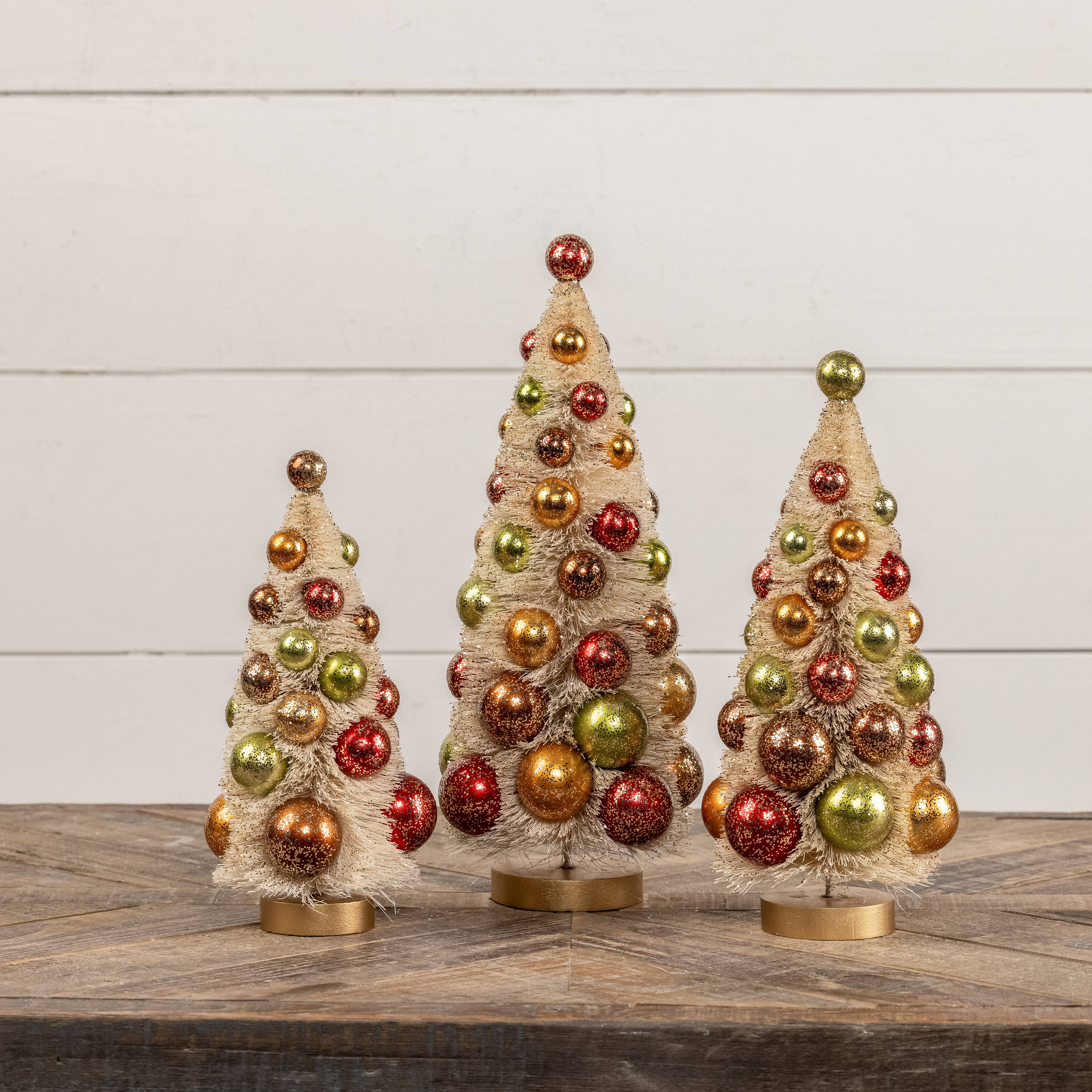 Ragon House - Wholesale Christmas Decoration - Set of 3 Cream Bottlebrush Trees with Gold Glitter Bulbs1