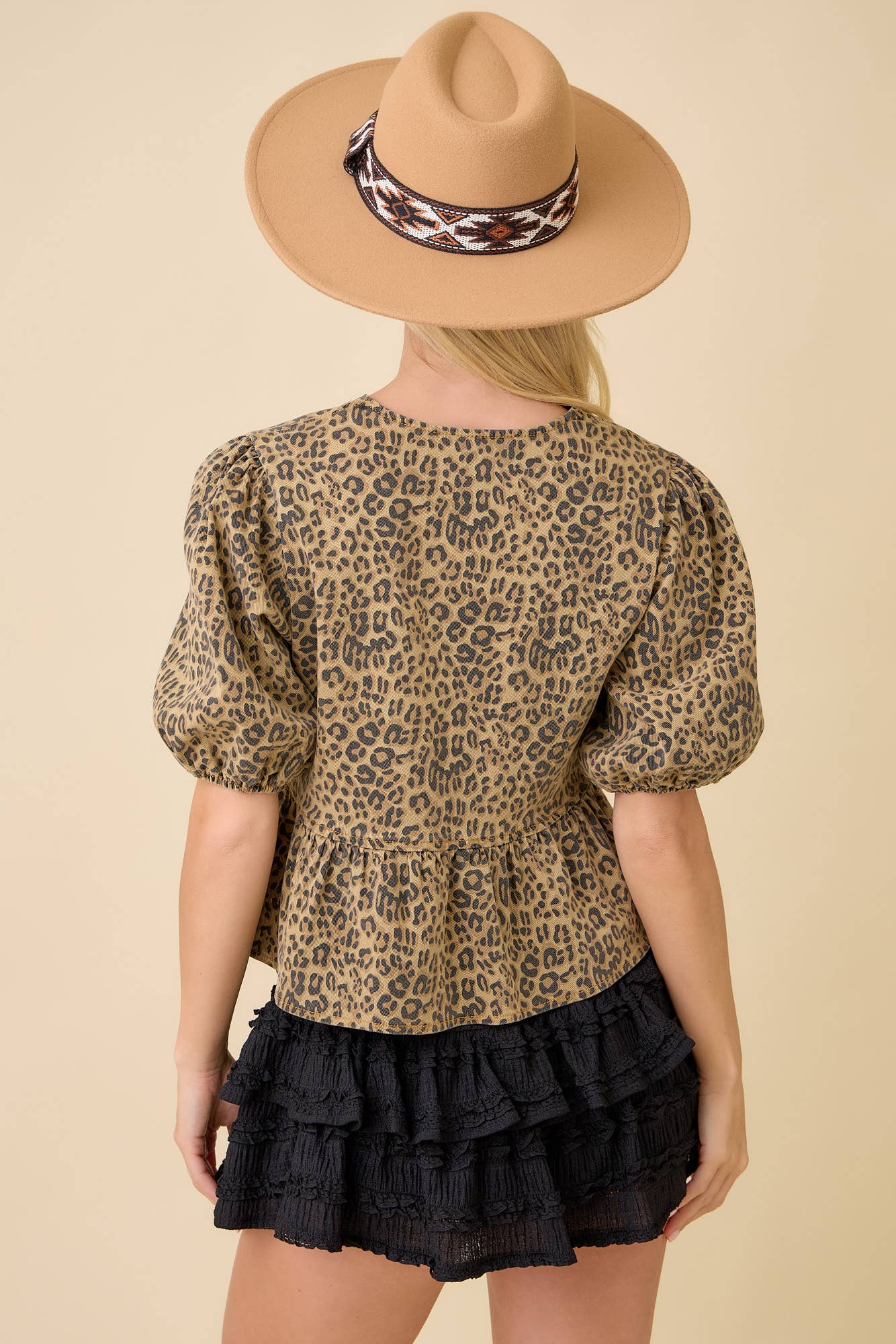 Leopard Printed Denim V-neck Baby Doll Blouse for wholesale on Faire1
