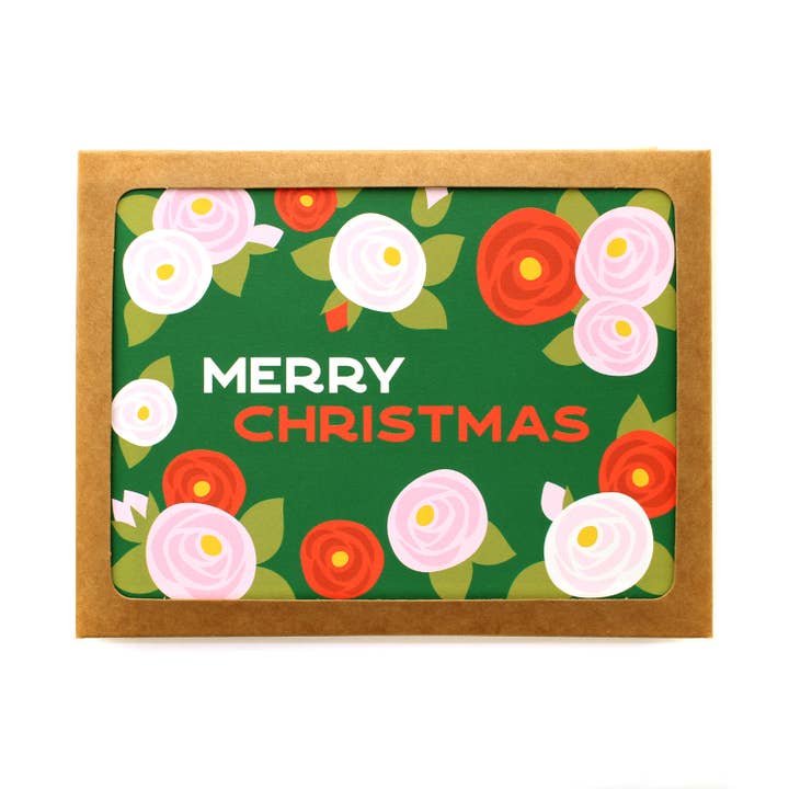 Camelie Christmas Card Floral Festive Botanical cofanetto A2 per la vendita all'ingrosso da parte di Klinger Creative