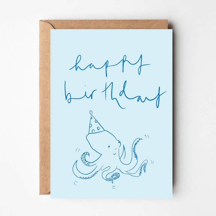 Happy Birthday Octopus - Blue Gender Neutral Birthday Card for wholesale by Bellynam Studio