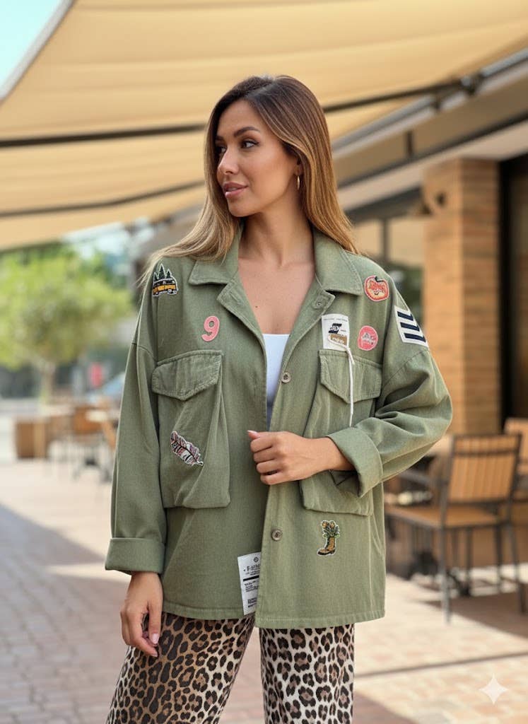 Khaki Oversized jacket with stickers for wholesale on Faire0