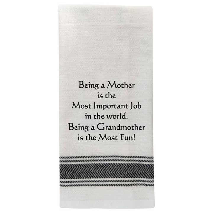 BB-B-102 White Kitchen Towel "Being a Mother..." for wholesale by Wild Hare Designs
