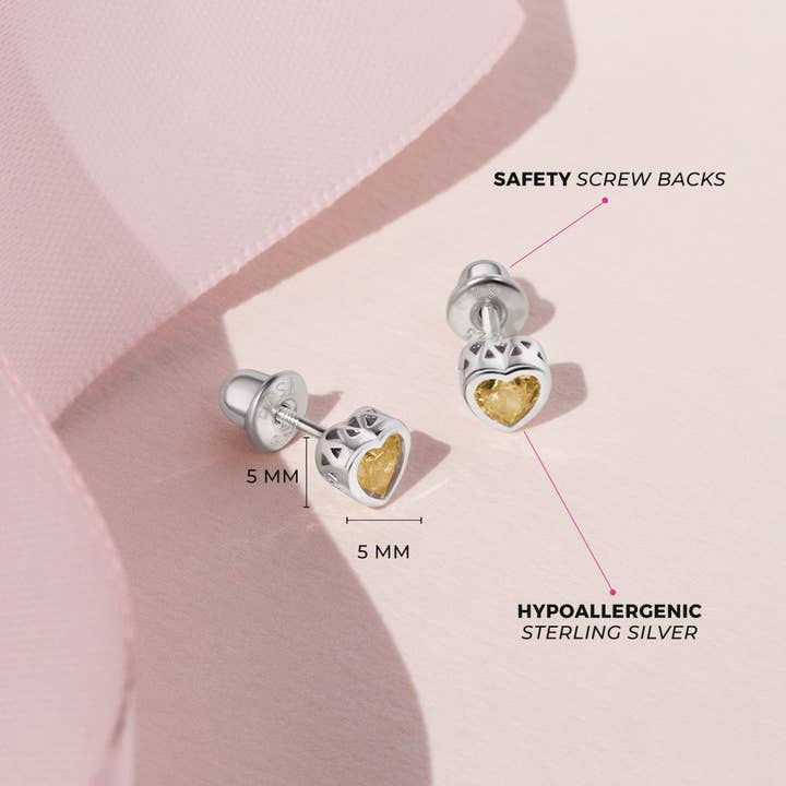 In Season Jewelry - Wholesale Earrings - Kids - CZ Birthstone Heart Toddler Kids Earrings - Sterling Silver