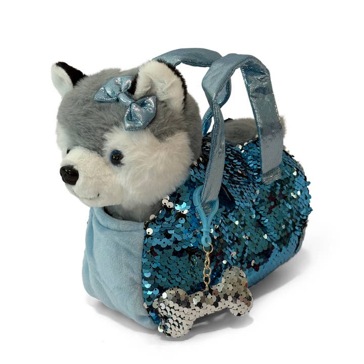 AYK Brand - Vente Peluche – enfant et bébé - Ensemble de peluches Little Jupiter Pet avec sac - Chien Husky avec sac bleu