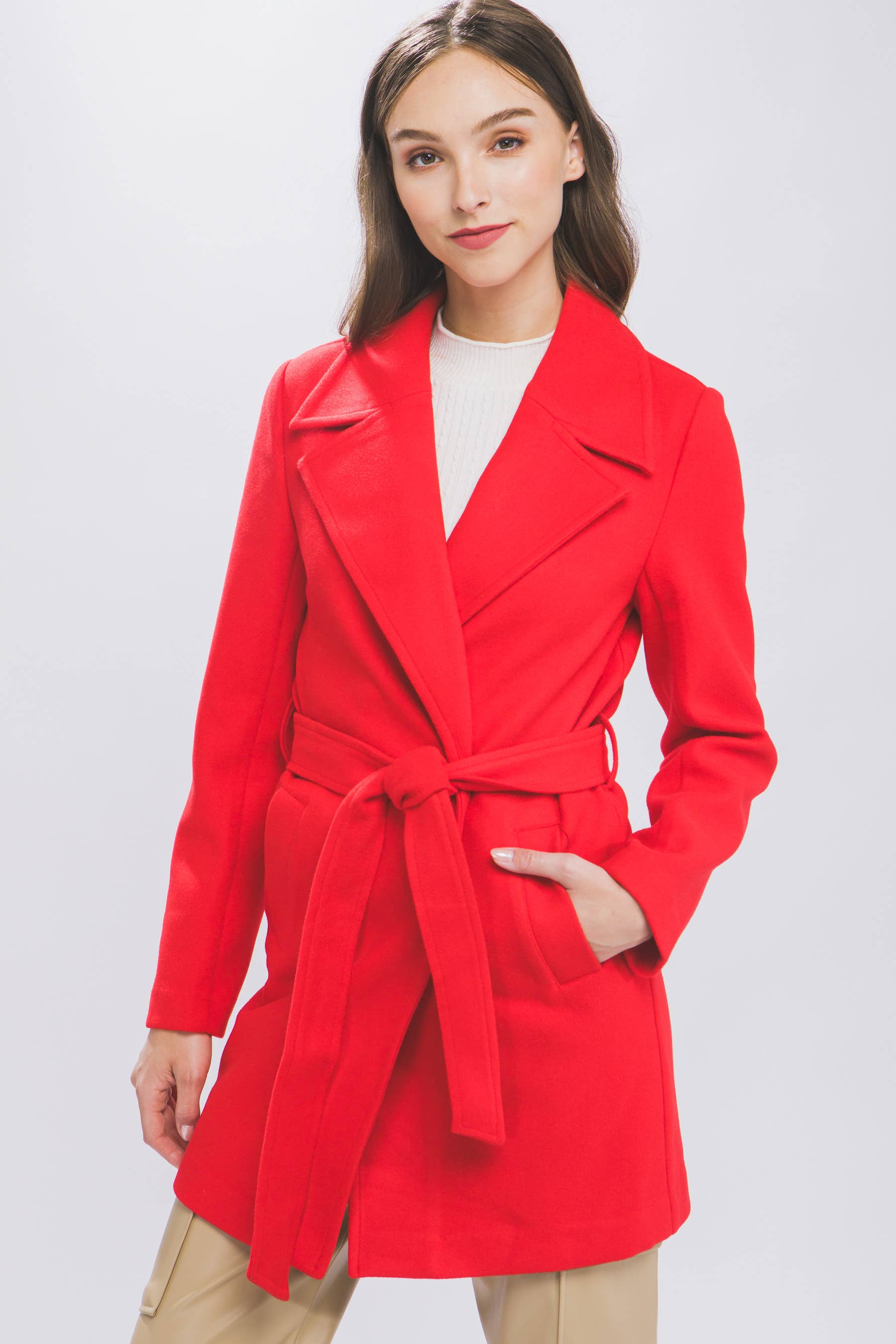 42POPS - Wholesale Coat - Women's - ....SI-26933 Lapel Collared Trench Coat with Waist Tie5