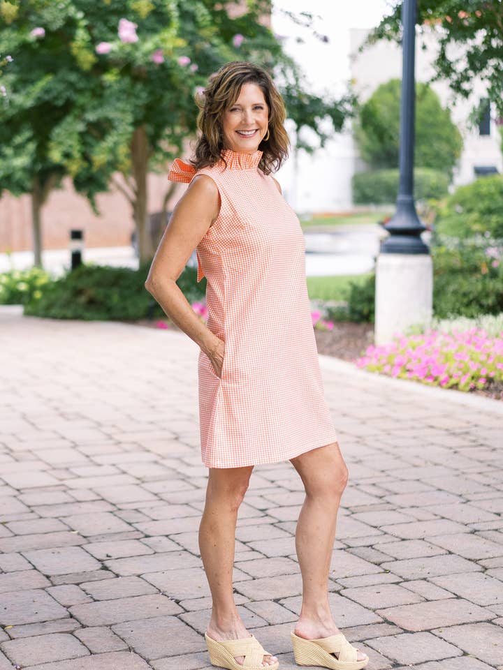 Caroline Dress Orange & White Gingham for wholesale by Pittypat's Clothing Co.