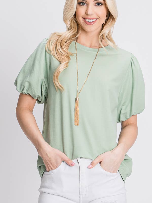 Tres Bien, Inc - Wholesale Blouse - Women's - gabi round neck puffy sleeve s/s top