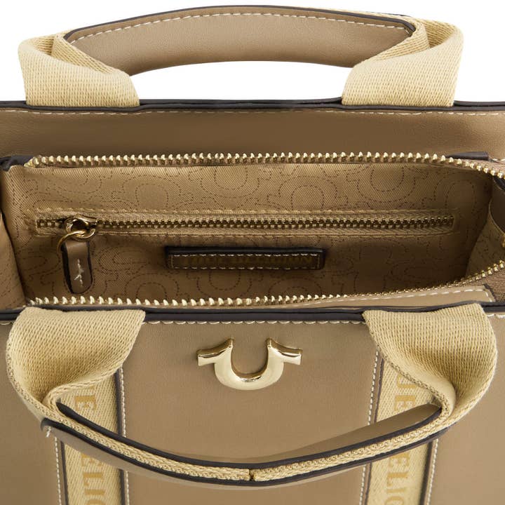 True Religion - Wholesale Tote Bag - Women's - True Religion Licensed Faux Leather Mini Tote Bag with Branded Straps, TAUPE
