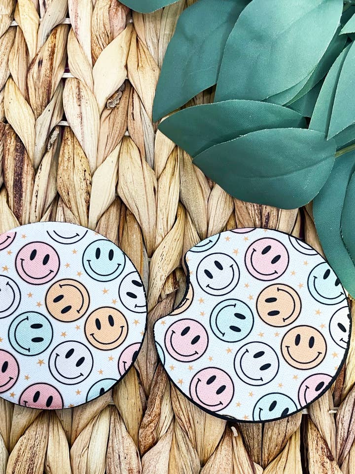 Colorful Pastel Smiley Car Coasters - Set of 2 for wholesale by Miss Printed Co