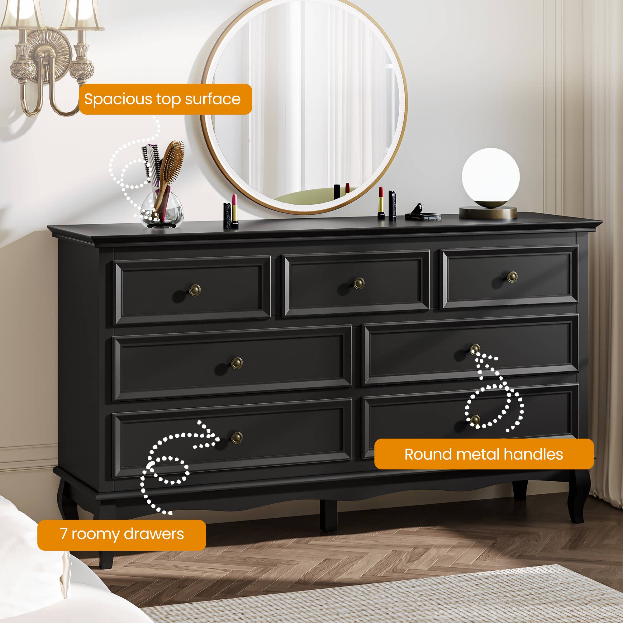 Heynemo - Wholesale Cabinet - 7 Drawers Dresser, Modern Wide Dresser with Rubberwood Legs14