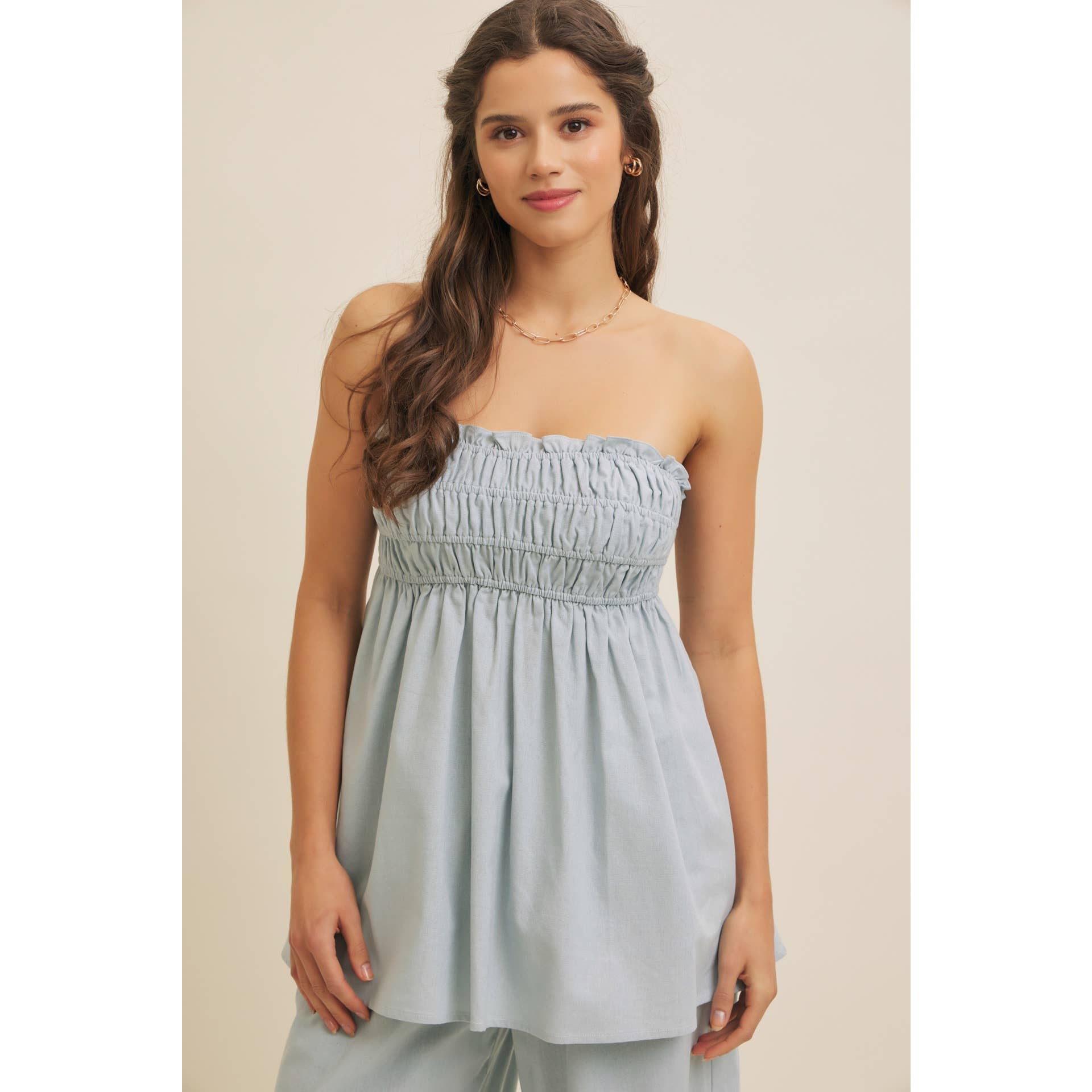 in february – Blusa - Mulher por atacado – TOP TÚNICA SEM ALÇAS DRAPEADO EM VISCOSE E LINHO14