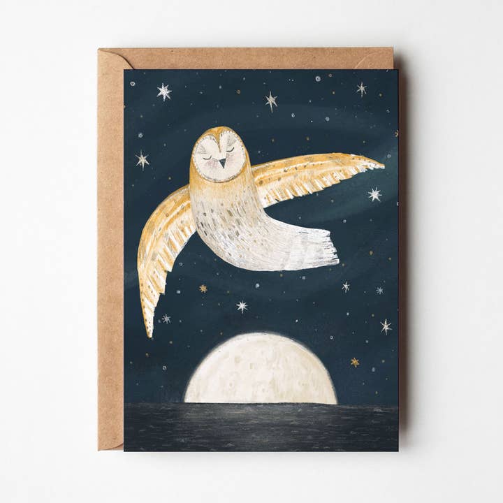Night Sky Owl Greeting Card: Moon & Stars Illustration for wholesale by Helen Drake Illustration