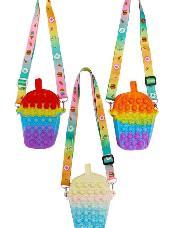 Boba Drink Cup Multicolor Push Pop Strap Crossbody Bag for wholesale by Cap Zone