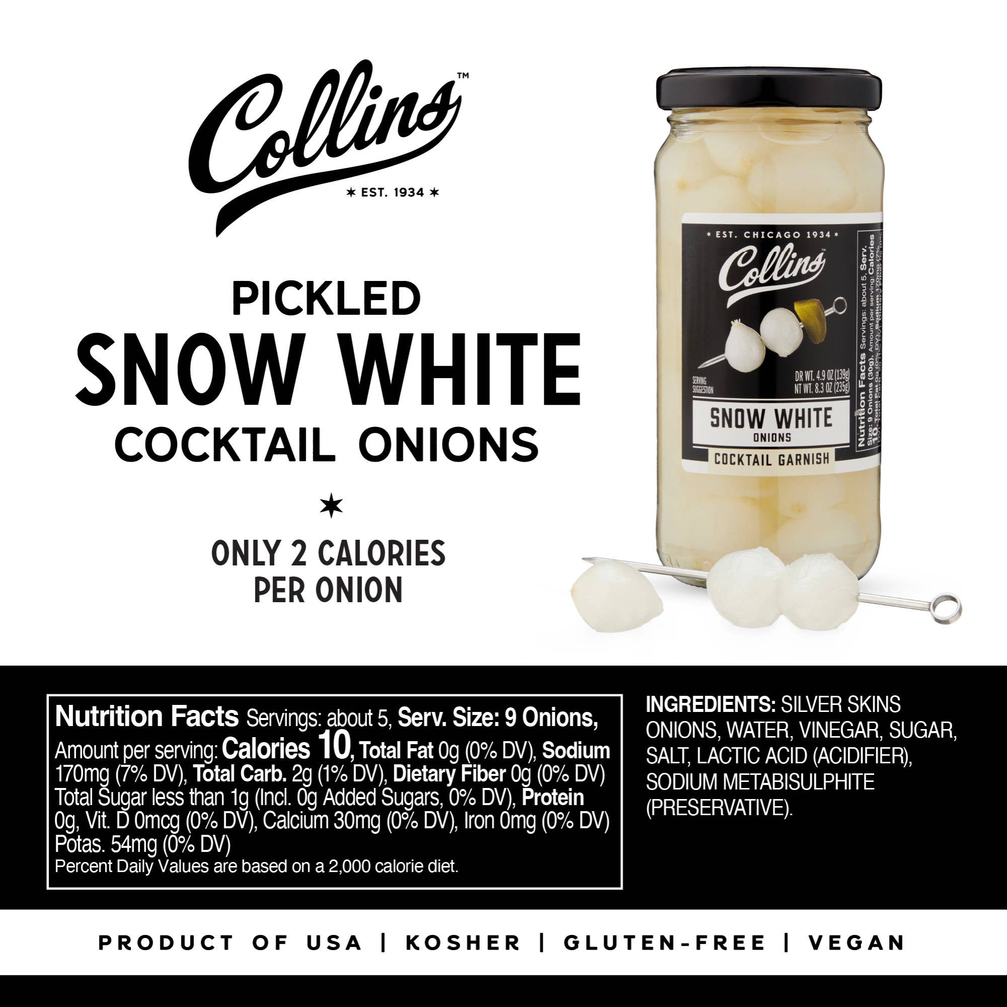 Collins - Wholesale Pickled Vegetables - Gourmet Pickled Snow White Cocktail Onions 8 oz3