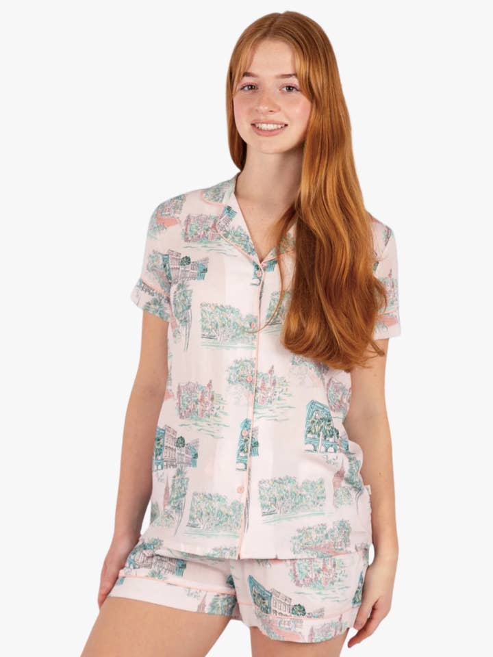 Charleston Scene Pink Button Down Short Set - Artist Print | Imbali Charleston for wholesale by Imbali Charleston