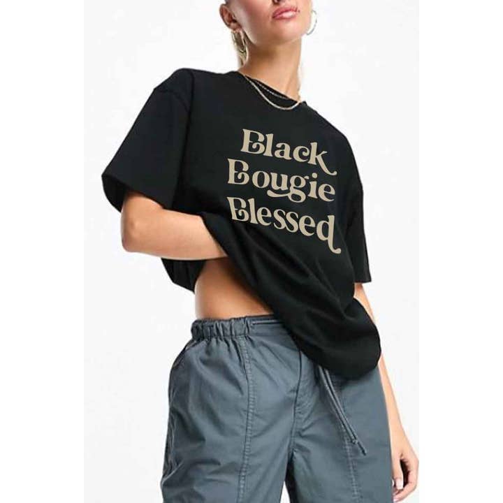Nobrand - Wholesale Screen Printed T-Shirt - Women's - BLACK BOUGIE BLESSED WOMEN GRAPHIC TEE