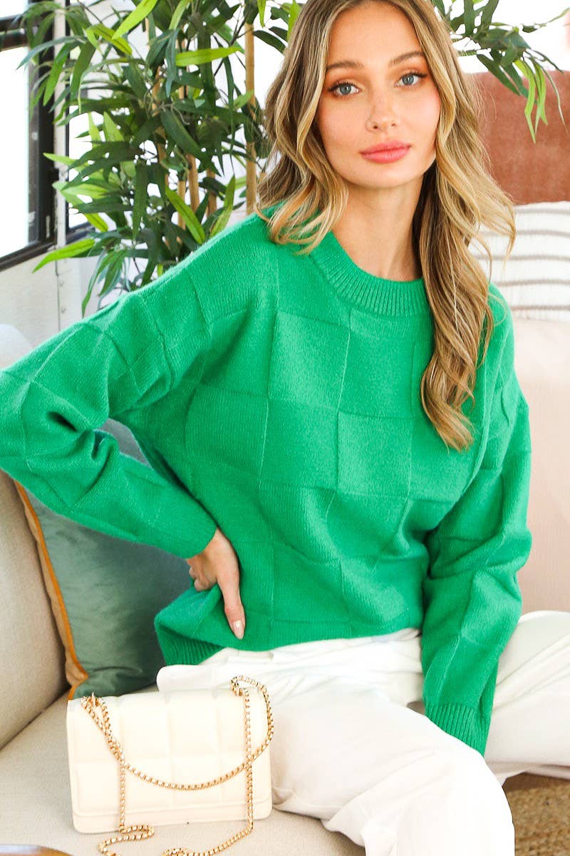 Vine & Love – wholesale Knitted jumper – Women′s – Checkerboard Textured Crew Neck Knitted Sweater  VT81155-3