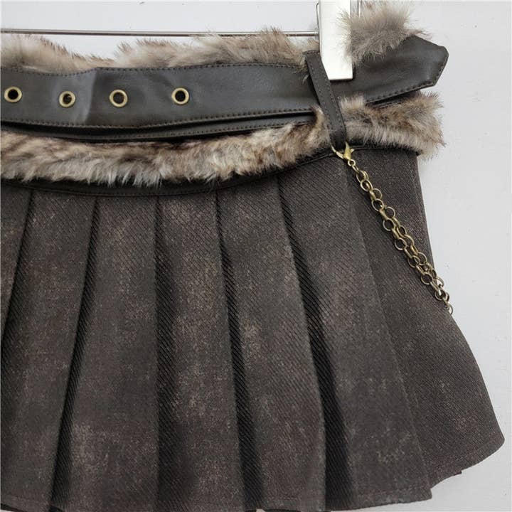 Mocha M207 Fur-Belted Pleated Low Waist Skirt Autumn/Winter for wholesale on Faire3