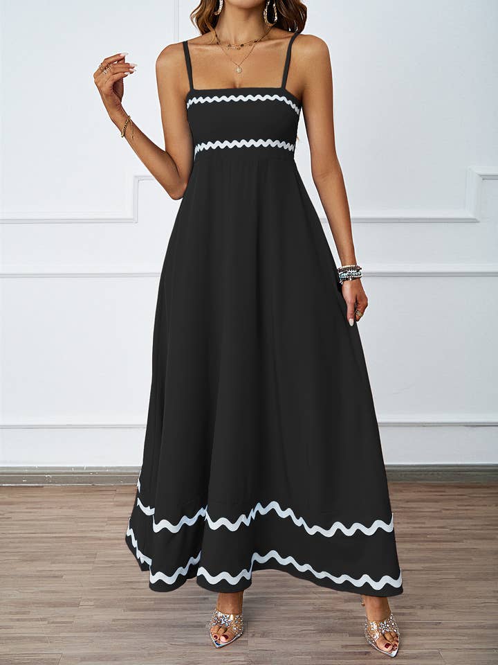 Anna Kaci Wholesale - Wholesale Dress – Women's - Rickrack Trim Spaghetti-Strap Maxi Dress0