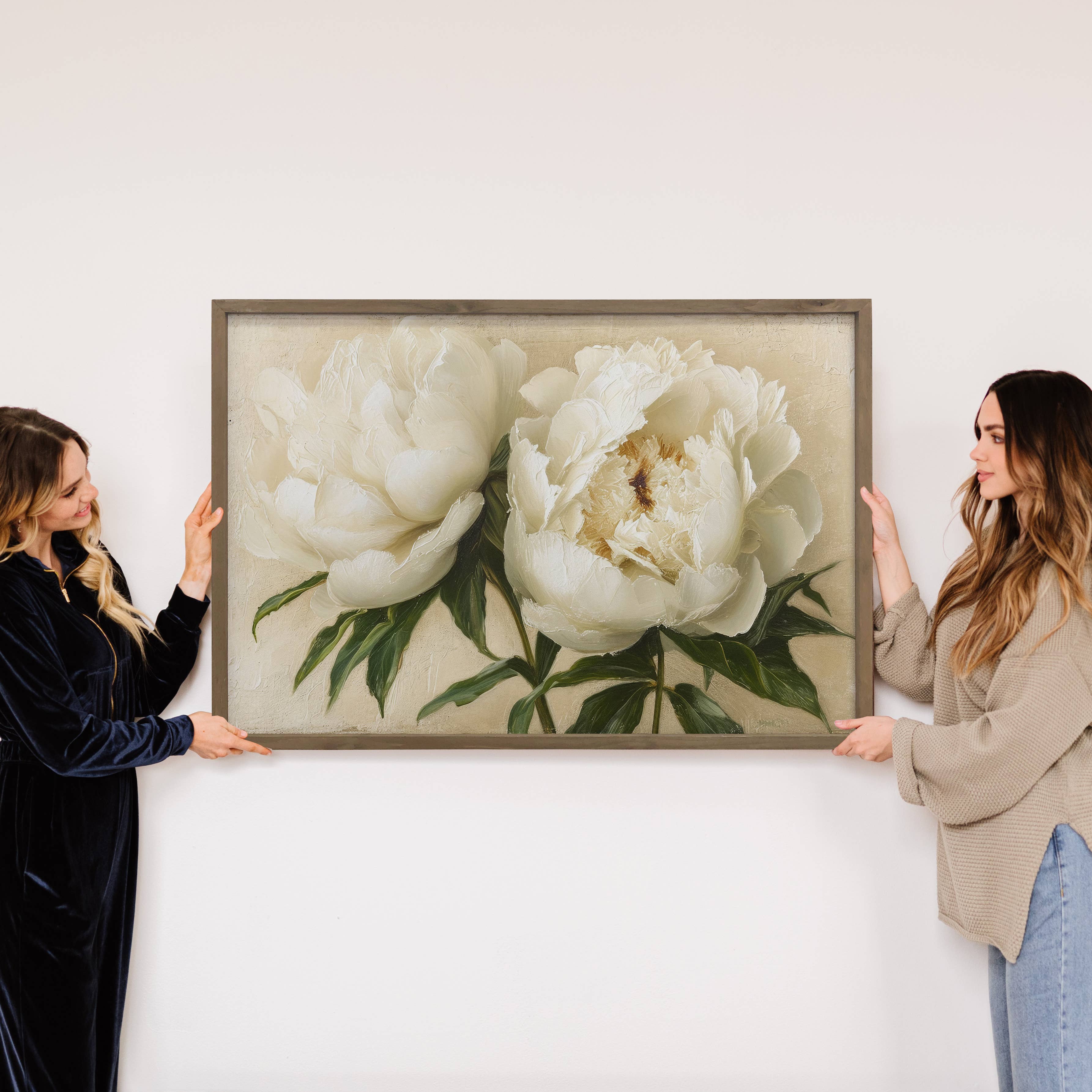Hangout Home - Wholesale Sign - White Cream Peonies Wall Art Print with Wood Frame3