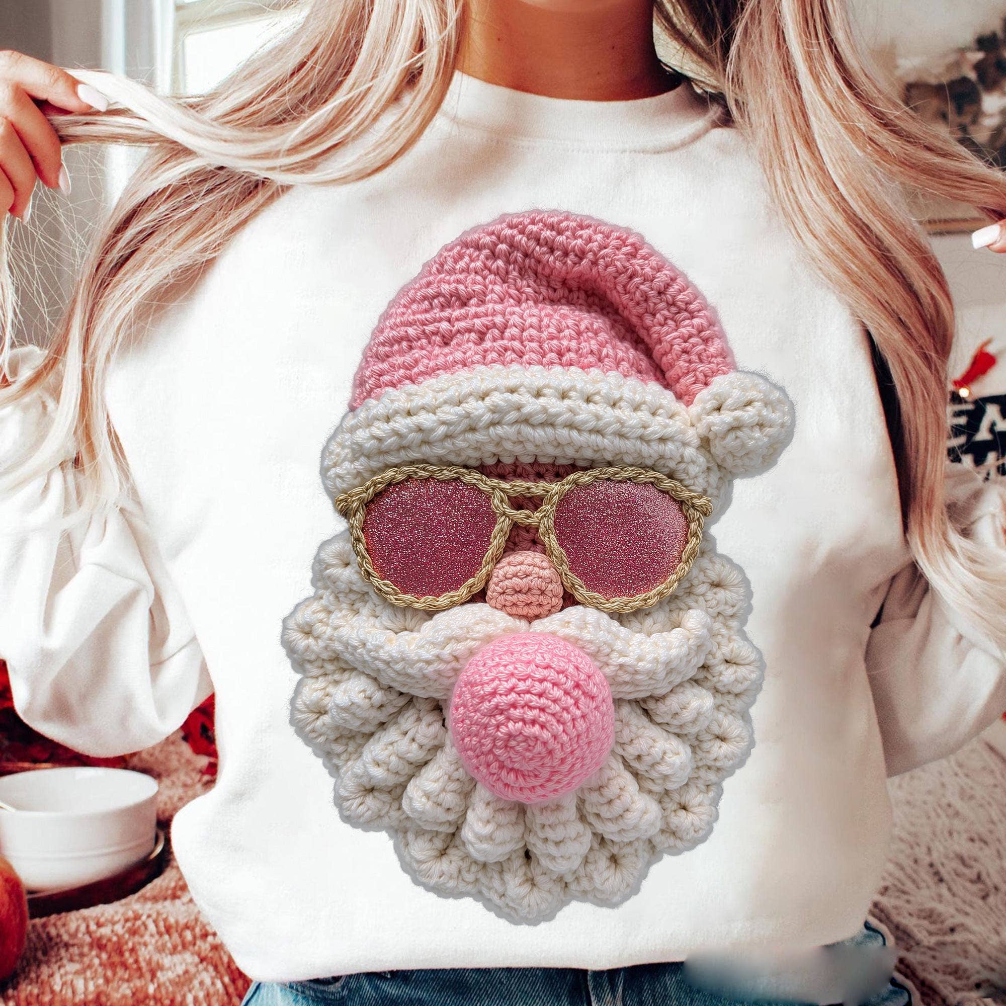 NVC Ecommerce LLC - Wholesale T-Shirt (Graphic) - Women's - Retro Yarn Crochet Santa Claus Shirt, Pink Santa Sweatshirt3