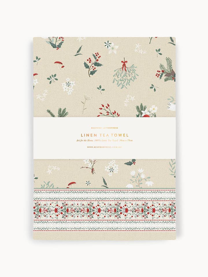 Heirloom Christmas Holly 100% Linen Tea Towel for wholesale by Bespoke Letterpress