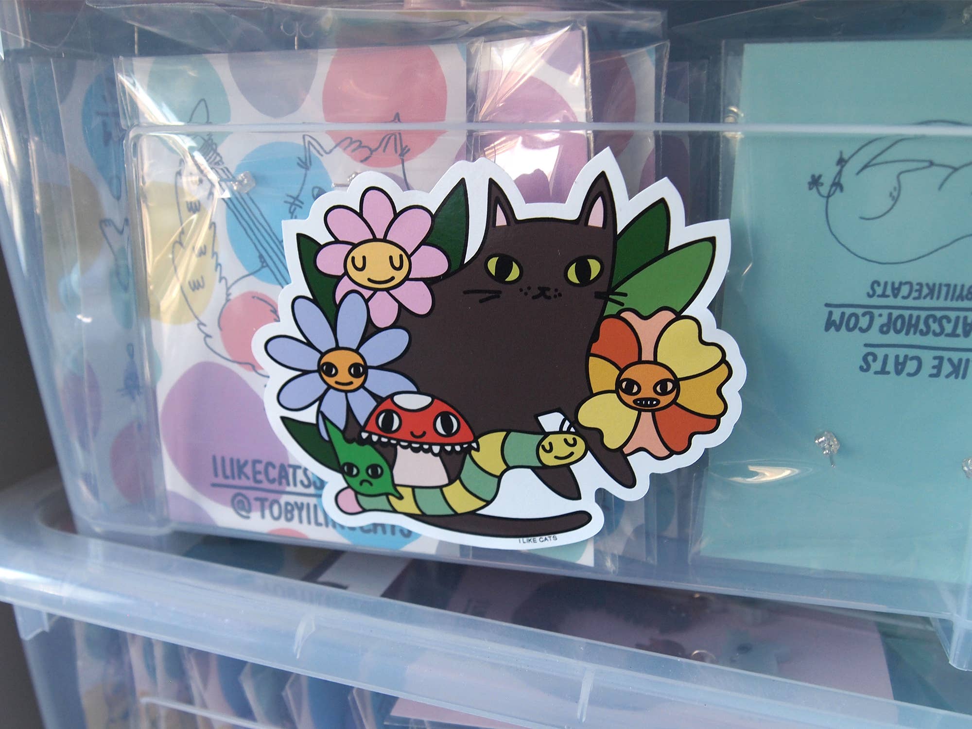 I LIKE CATS - Wholesale Sticker - Black cat with flowers, bugs and mushroom vinyl sticker1