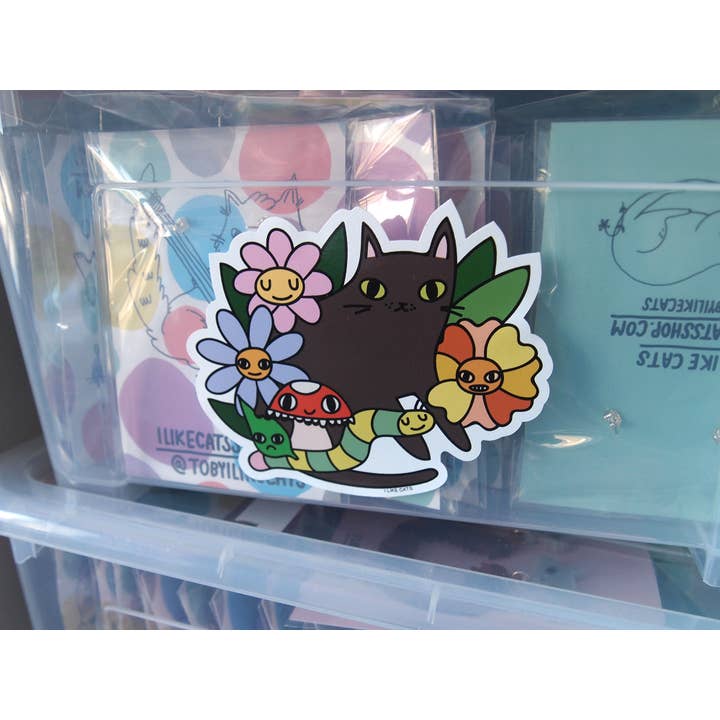 I LIKE CATS – wholesale Sticker – Black cat with flowers, bugs and mushroom vinyl sticker1