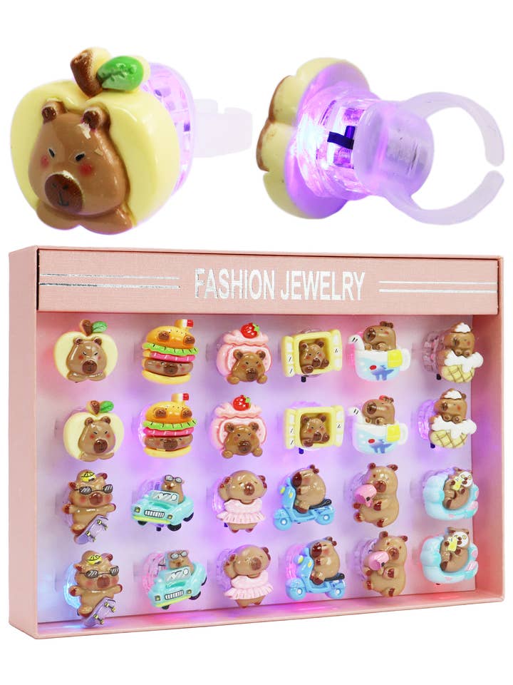 Anello luminoso a LED con ciondolo in resina 3D Capibara - 24 pz per la vendita all'ingrosso da parte di Cap Zone