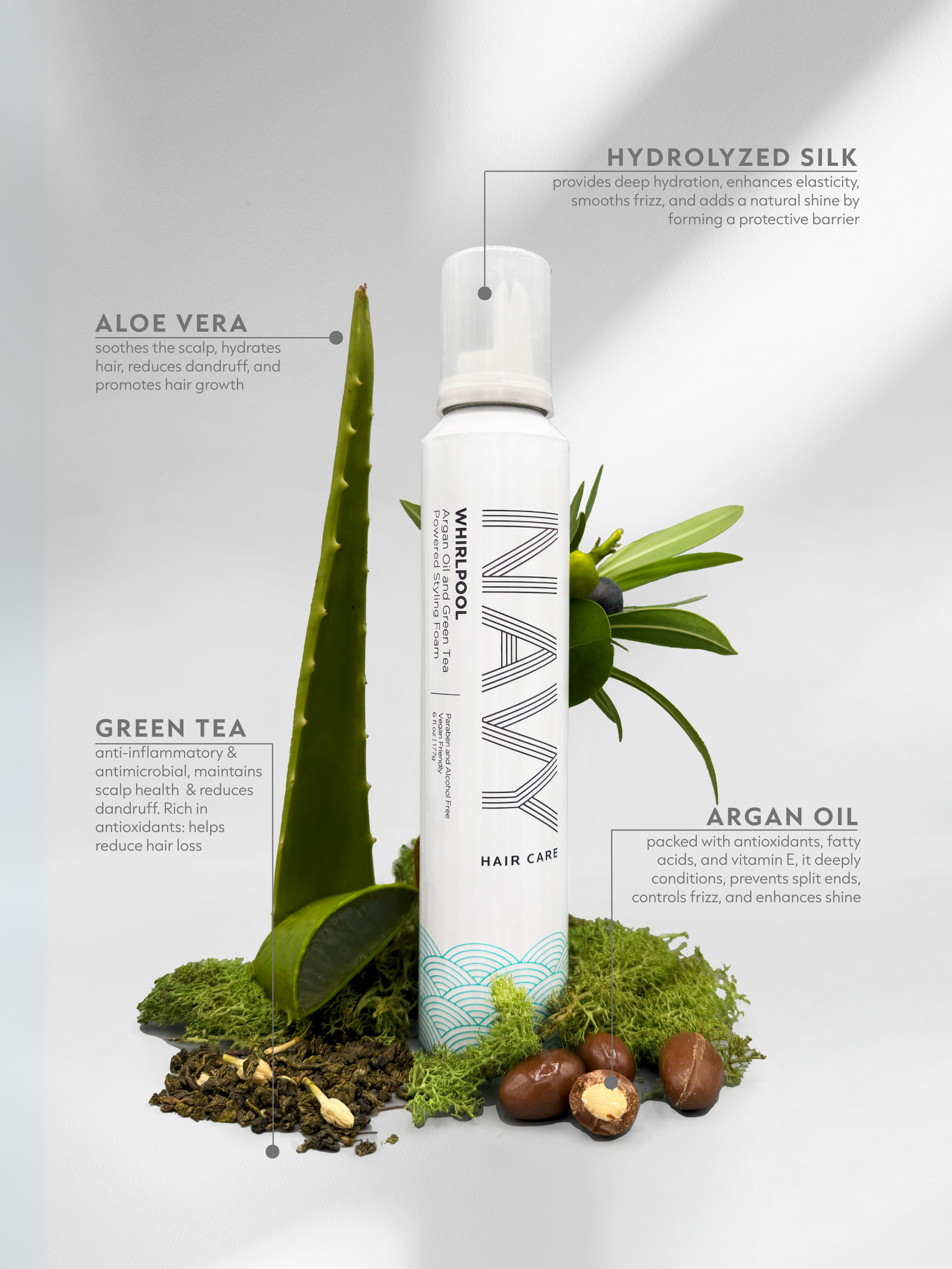 NAVY HAIR CARE - Wholesale Hair Styling Gel/Mousse - Whirlpool - Argan Oil and Green Tea Powered Styling Foam1