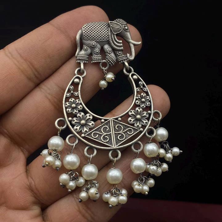 Antique Silver Elephant Dangle Earrings With Pearls for wholesale by Quirky Fashions