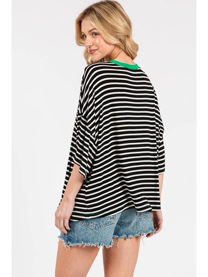 Ces Femme USA - Wholesale Tunic - Women's - TS13916STB/Striped Oversized T-Shirt with Contrast Details