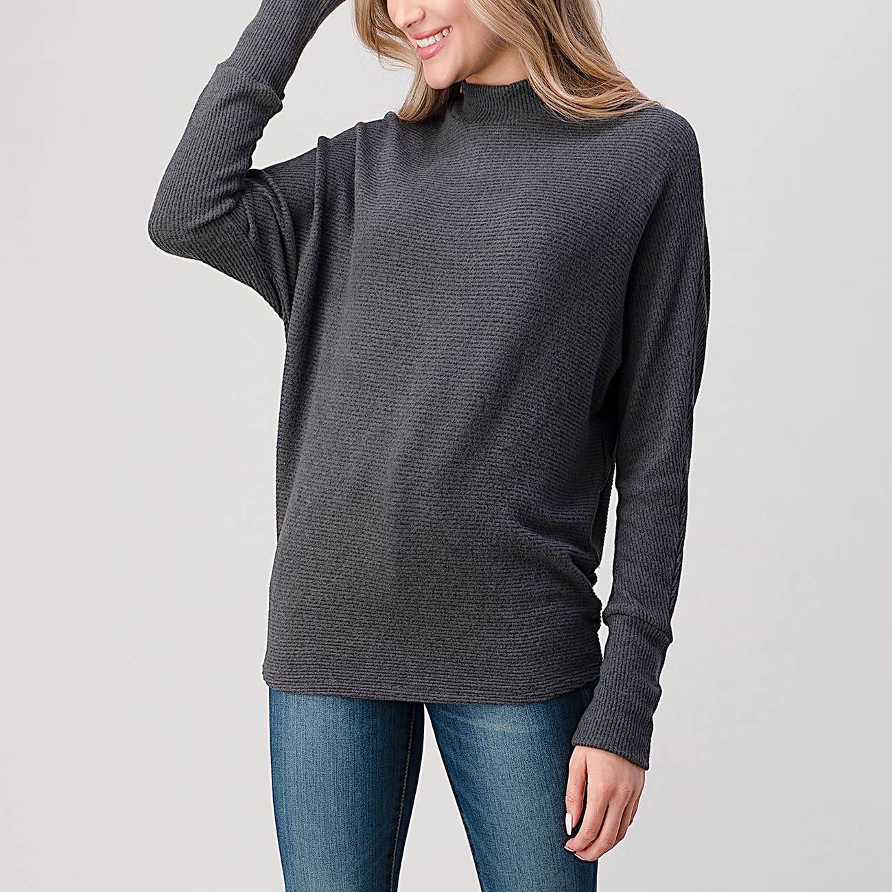 Heimious - Wholesale Knit Top - Women's - Mock Neck Long Dolman Sleeve Ribbed Knit Top, T26169