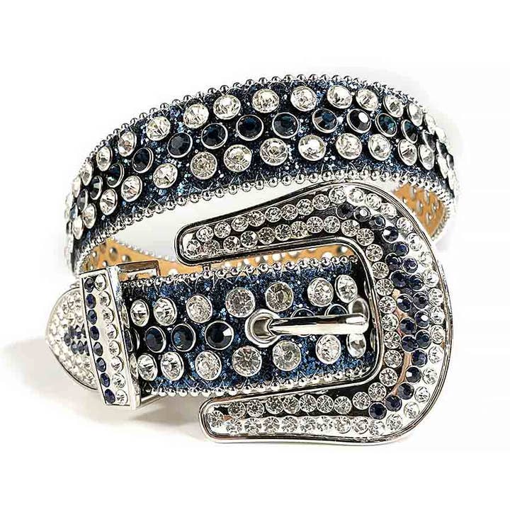 Rhinestones Leather Belt Dark Blue with White Stones for wholesale by Rhinestone Belt Store